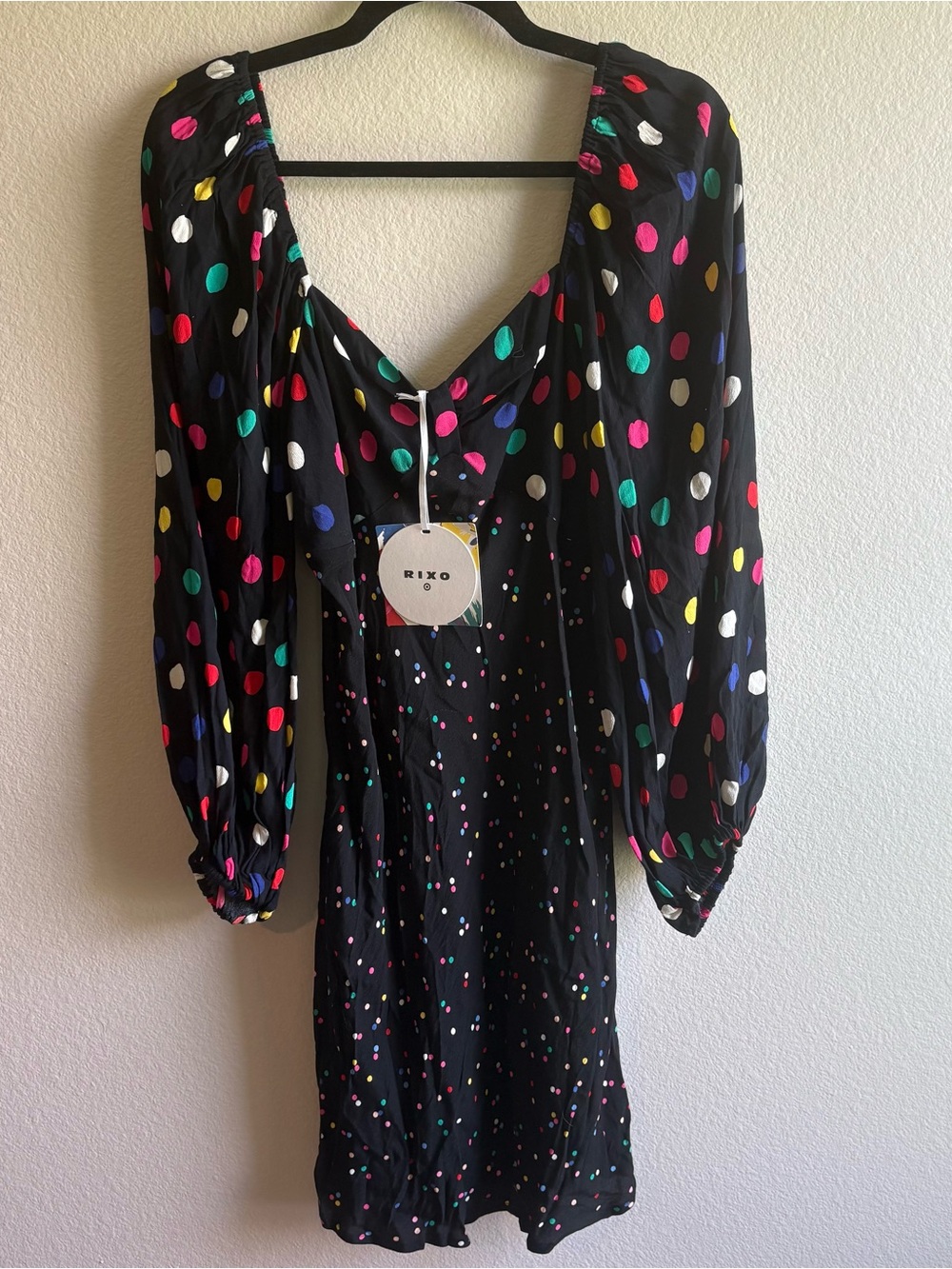 Rixo for Target black polka dot long sleeve swing dress sweetheart neckline